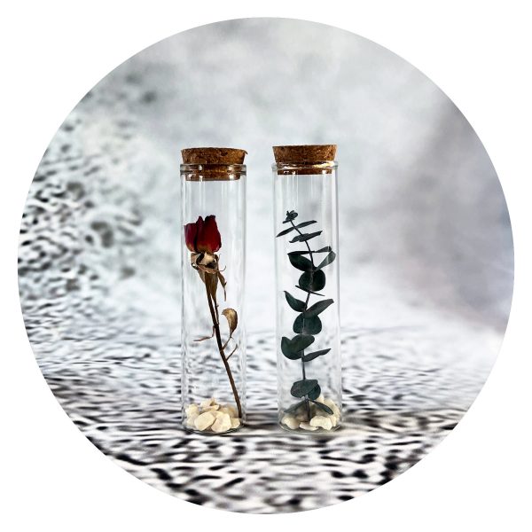 Stolpjes met roos en eucalyptus