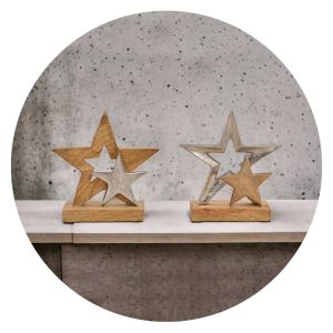 Decoratie - Twee sterren van hout en metaal