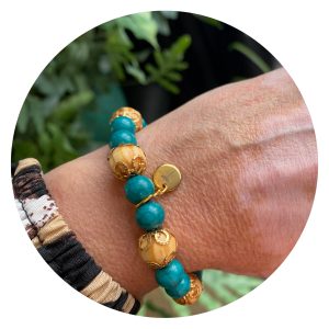 Armband petrol gemarmerd en hout met pluis