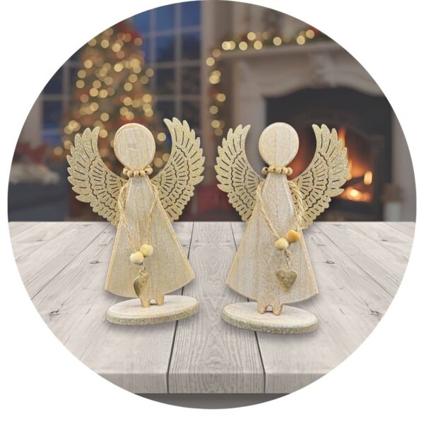 2 houten engels met houten vleugels kerstsfeer