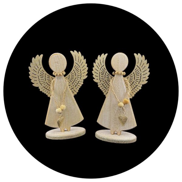 2 houten engels met gouden vleugels met zwarte achtergrond