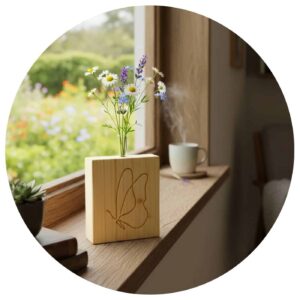 Vlindergravure met vaasje gevuld met wide bloemen op een vensterbank.