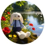 knuffel hip konijn zittend aan de oever van een meertje omringd door gele en rode bloemen.