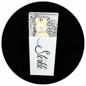 Konijn in een doosje met de tekst 'Sterkte' tegen een zwarte achtergrond.