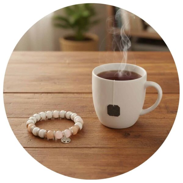 Kralenarmband met levensboom en kopje warme thee