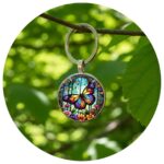 sleutelhangen met kleurrijke vlinder hangend aan een boomtak tussen groen gebladerte.