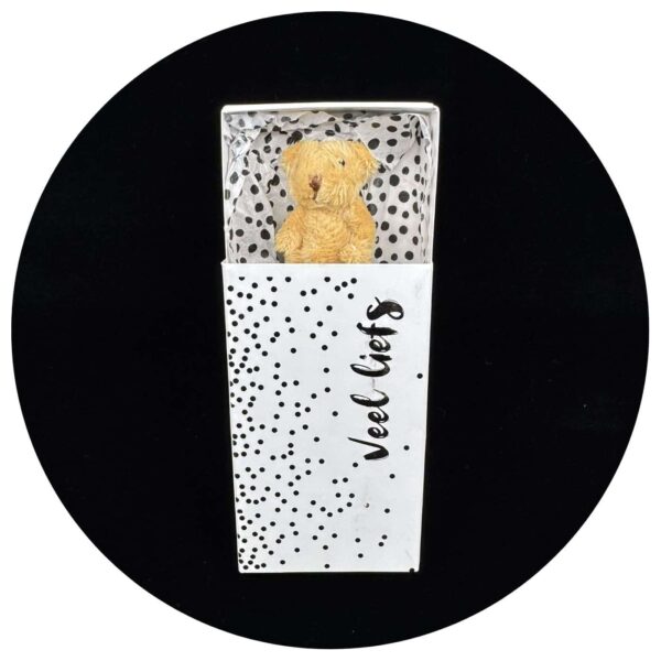 Beertje in een doosje met de tekst 'Veel Liefs' tegen een zwarte achtergrond.