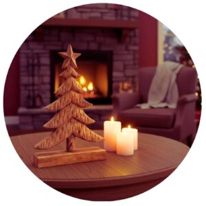 Kerstboom uit mangohout in warme woonkamer