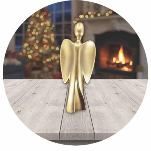 moderne engel in goudkleur met een kerstsfeer op de achtergrond